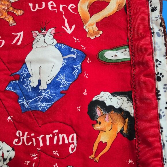 Handmade 1988 Artist Signed Mischievous Dogs Cats Christmas Quilted Wall Hanging - Picture 11 of 14